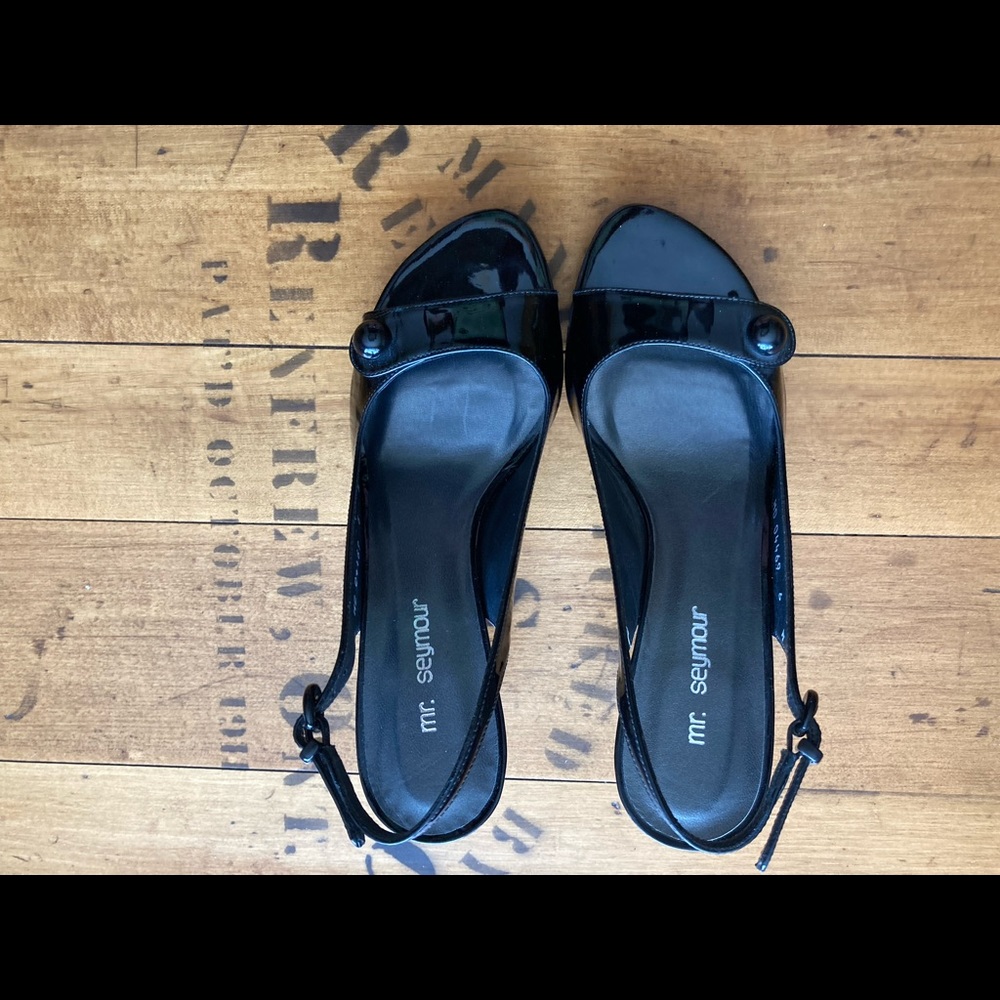Mr. Seymour black patent sling back peep toe